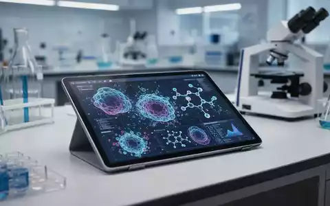 Ein digitales Tablet mit Molekularstrukturen und biologischen Daten in einem modernen, professionellen Laborumfeld. - Foto: über boerse-global.de