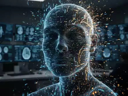 Digitales, verzerrtes Gesicht aus Datenpartikeln als Symbol für durch KI manipulierte medizinische Falschinformationen. - Foto: über boerse-global.de
