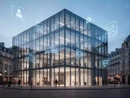 Modernes BĂŒrogebĂ€ude mit digitalen Interface-Symbolen fĂŒr Verwaltungsdienste und digitale Transformation. - Foto: ĂŒber boerse-global.de