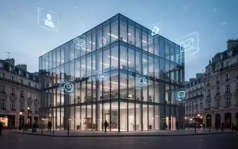Modernes Bürogebäude mit digitalen Interface-Symbolen für Verwaltungsdienste und digitale Transformation. - Foto: über boerse-global.de