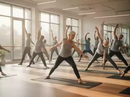 Eine diverse Gruppe von Menschen praktiziert in einem hellen, modernen Kursraum Yoga-Übungen. - Foto: über boerse-global.de