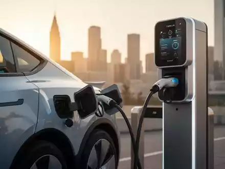 Ein modernes Elektroauto lädt an einer Ladestation in einer städtischen Umgebung bei Sonnenuntergang. - Foto: über boerse-global.de
