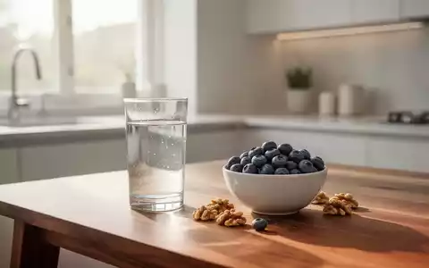 Ein Glas Wasser und eine Schale mit frischen Heidelbeeren und Walnüssen auf einem Holztisch in hellem Morgenlicht. - Foto: über boerse-global.de