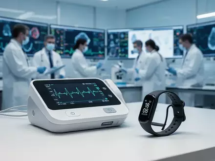 Medizinische Forschungsdaten auf einem Bildschirm neben einem modernen Fitness-Tracker und einem Herzfrequenzmesser. - Foto: über boerse-global.de