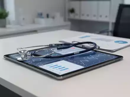 Ein Stethoskop auf einem Tablet mit medizinischen Daten in einem modernen Büro. - Foto: über boerse-global.de