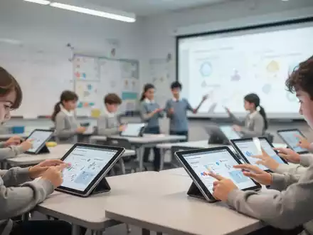 Moderne Lernumgebung mit digitalen Beratungstools und Schülern in einem technologisch ausgestatteten Klassenzimmer. - Foto: über boerse-global.de