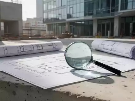 Baupläne und eine Lupe auf einer Betonoberfläche als Symbol für rechtliche Klärungen im Baurecht. - Foto: über boerse-global.de
