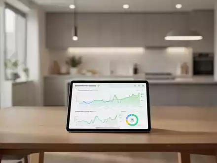 Ein Tablet mit Energiedaten auf einem modernen Holztisch in einer aufgeräumten, minimalistischen Wohnung. - Foto: über boerse-global.de