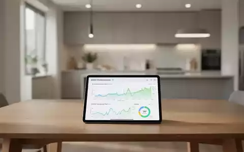 Ein Tablet mit Energiedaten auf einem modernen Holztisch in einer aufgeräumten, minimalistischen Wohnung. - Foto: über boerse-global.de