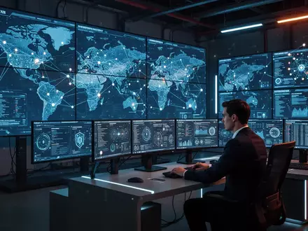 Ein Sicherheitsanalyst in einem modernen Kontrollzentrum mit digitalen Datenbildschirmen zur Überwachung hybrider Bedrohungen. - Foto: über boerse-global.de
