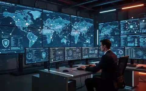 Ein Sicherheitsanalyst in einem modernen Kontrollzentrum mit digitalen Datenbildschirmen zur Überwachung hybrider Bedrohungen. - Foto: über boerse-global.de