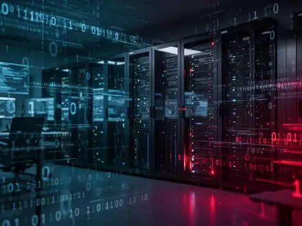 Digitales Cybersicherheits-Operationszentrum mit leuchtenden Datenströmen und Binärcode in einem dunklen High-Tech-Serverraum. - Foto: über boerse-global.de