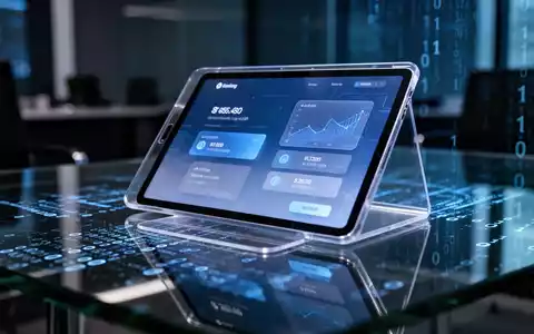 Digitale Benutzeroberfläche einer Banking-App auf einem Tablet-Bildschirm in einem modernen Büro mit abstrakten Datenreflexionen. - Foto: über boerse-global.de