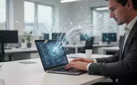 Ein Mitarbeiter arbeitet an einem Laptop in einem modernen Büro, während abstrakte KI-Datenvisualisierungen zu sehen sind. - Foto: über boerse-global.de
