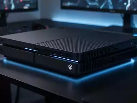 Nahaufnahme einer modernen Spielkonsole in einer schwach beleuchteten, hochtechnologischen Profi-Gaming-Umgebung. - Foto: über boerse-global.de