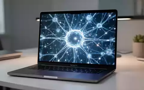 Nahaufnahme eines MacBook-Bildschirms mit leuchtendem digitalen neuronalen Netzwerk, das fortschrittliche KI-Integration darstellt. - Foto: über boerse-global.de