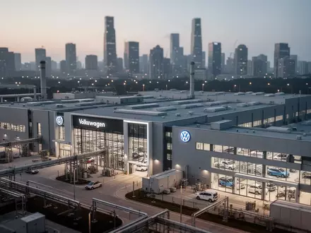 Modernes Volkswagen-Werk bei Dämmerung mit angrenzender Stadtkulisse im Hintergrund. - Foto: über boerse-global.de