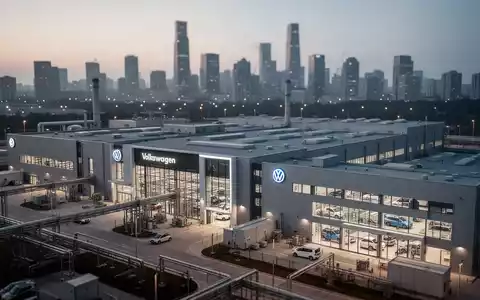Modernes Volkswagen-Werk bei Dämmerung mit angrenzender Stadtkulisse im Hintergrund. - Foto: über boerse-global.de