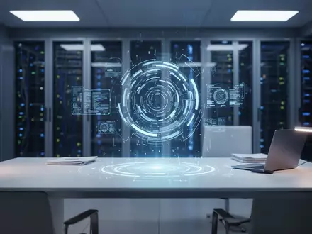 Ein modernes, minimalistisches Büro mit einer schwebenden holografischen Benutzeroberfläche als Symbol für KI-Integration. - Foto: über boerse-global.de