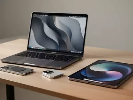 Ein aufgeräumter Arbeitsplatz mit MacBook Pro, iPhone 16 Pro und iPad Pro auf einem modernen Schreibtisch. - Foto: über boerse-global.de