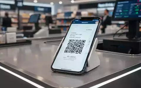 Ein Smartphone zeigt einen QR-Code fĂŒr einen digitalen Kassenbon an einer modernen Ladenkasse. - Foto: ĂŒber boerse-global.de
