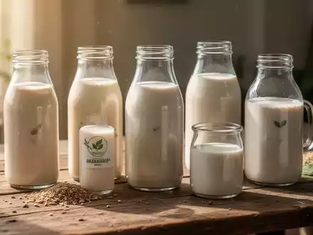 Verschiedene pflanzliche Milchalternativen in Glasflaschen auf einem Holztisch bei natĂŒrlichem Licht. - Foto: ĂŒber boerse-global.de