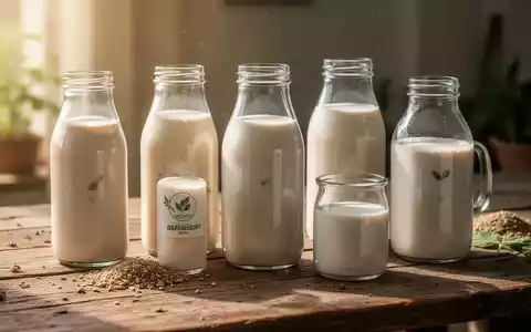 Verschiedene pflanzliche Milchalternativen in Glasflaschen auf einem Holztisch bei natĂŒrlichem Licht. - Foto: ĂŒber boerse-global.de
