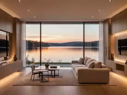Modernes, minimalistisches Apartment-Interieur mit Blick auf einen ruhigen See bei Dämmerung. - Foto: über boerse-global.de