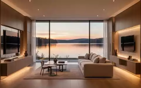 Modernes, minimalistisches Apartment-Interieur mit Blick auf einen ruhigen See bei Dämmerung. - Foto: über boerse-global.de