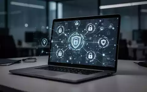 Ein Laptop-Bildschirm mit abstrakten digitalen Sicherheits- und Datenschutzsymbolen in einem dunklen, professionellen Büro. - Foto: über boerse-global.de