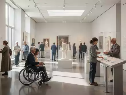 Vielfältige Menschen besuchen ein barrierefreies Museum und betrachten gemeinsam eine inklusive Kunstausstellung. - Foto: über boerse-global.de