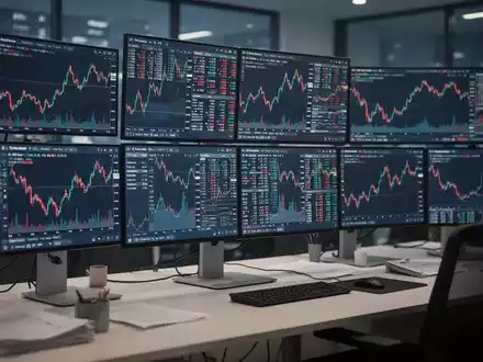 Moderne Handelsbildschirme mit Aktienkursen und Finanzanalysedaten in einem professionellen Büro. - Foto: über boerse-global.de