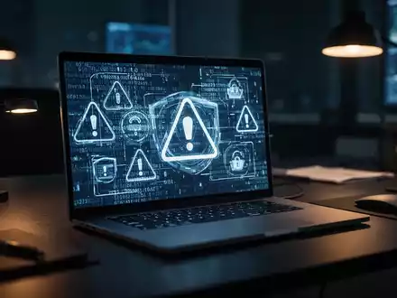 Dunkler Büroarbeitsplatz mit leuchtendem Laptop-Bildschirm, der digitalen Sicherheitscode und Cybersicherheits-Warnsymbole zeigt. - Foto: über boerse-global.de