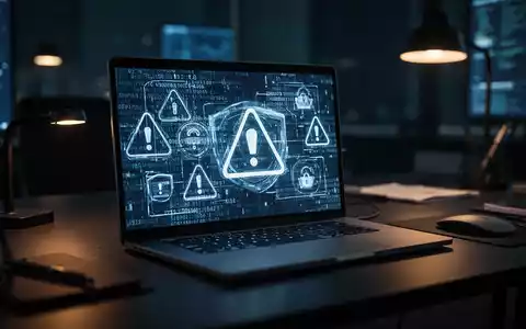 Dunkler Büroarbeitsplatz mit leuchtendem Laptop-Bildschirm, der digitalen Sicherheitscode und Cybersicherheits-Warnsymbole zeigt. - Foto: über boerse-global.de