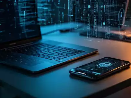 Nahaufnahme einer Computertastatur und eines Smartphones vor einem verschwommenen Hintergrund digitaler Sicherheitsdaten. - Foto: über boerse-global.de