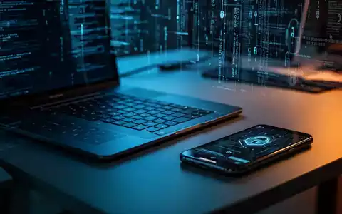 Nahaufnahme einer Computertastatur und eines Smartphones vor einem verschwommenen Hintergrund digitaler Sicherheitsdaten. - Foto: über boerse-global.de