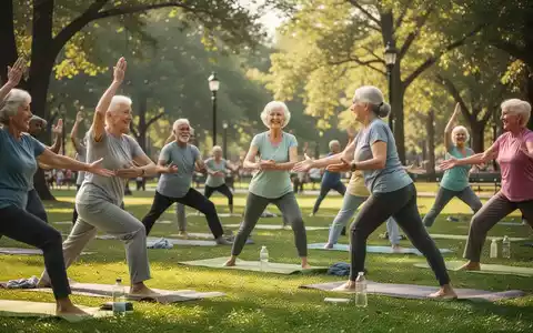 Eine Gruppe aktiver Senioren bei einer Yoga-Einheit im Freien in einem sonnigen Park. - Foto: über boerse-global.de