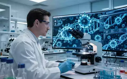 Ein Forscher in einem modernen Labor betrachtet digitale DNA-Strukturen und virale Modelle auf einem Monitor. - Foto: über boerse-global.de