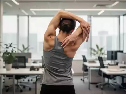 Eine Person führt eine Dehnübung für den oberen Rücken in einem modernen Büro aus, um Verspannungen zu lösen. - Foto: über boerse-global.de