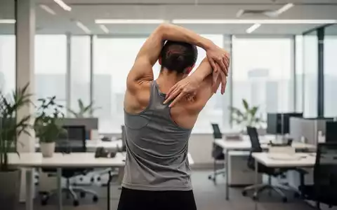 Eine Person führt eine Dehnübung für den oberen Rücken in einem modernen Büro aus, um Verspannungen zu lösen. - Foto: über boerse-global.de