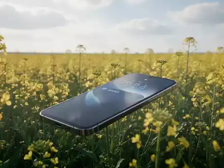 Ein unversehrtes iPhone in einem dichten Rapsfeld nach einem Sturz aus großer Höhe. - Foto: über boerse-global.de