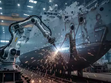 Roboter-Schweißarm führt automatisierte Fertigung am Stahlrumpf eines Marineschiffs in einer Werft durch. - Foto: über boerse-global.de