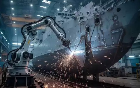 Roboter-Schweißarm führt automatisierte Fertigung am Stahlrumpf eines Marineschiffs in einer Werft durch. - Foto: über boerse-global.de