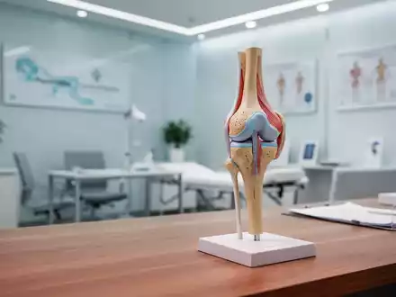 Ein anatomisches Modell eines menschlichen Kniegelenks auf einem Schreibtisch in einer modernen orthopädischen Praxis. - Foto: über boerse-global.de