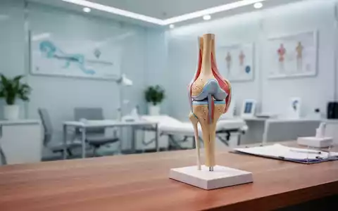 Ein anatomisches Modell eines menschlichen Kniegelenks auf einem Schreibtisch in einer modernen orthopädischen Praxis. - Foto: über boerse-global.de