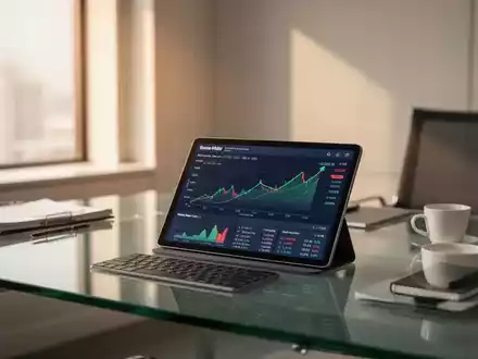 Ein moderner, minimalistischer Arbeitsplatz mit Finanzgrafiken auf einem Tablet und weichem, natürlichem Licht. - Foto: über boerse-global.de