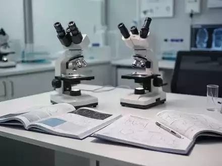 Ein medizinischer Arbeitsplatz mit Mikroskop und Fachzeitschriften, der eine wissenschaftliche Forschungsstudie symbolisiert. - Foto: über boerse-global.de