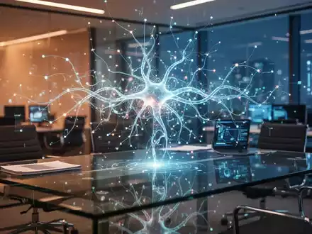 Leuchtende digitale neuronale Netzwerkoberfläche in einem modernen Firmenbüro, die Enterprise-KI-Integration darstellt. - Foto: über boerse-global.de
