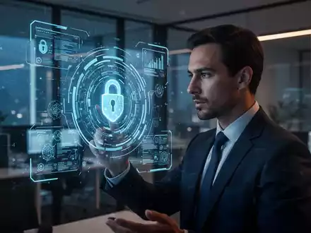 Ein professioneller Mitarbeiter blickt auf eine digitale Sicherheits-Schnittstelle, die menschliche Resilienz gegenüber KI-Bedrohungen symbolisiert. - Foto: über boerse-global.de