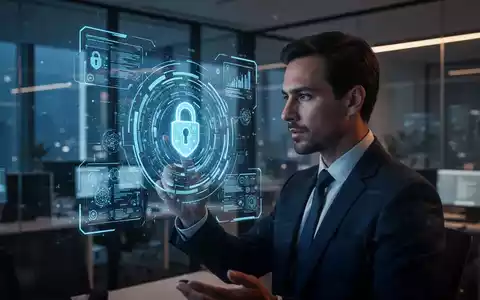Ein professioneller Mitarbeiter blickt auf eine digitale Sicherheits-Schnittstelle, die menschliche Resilienz gegenüber KI-Bedrohungen symbolisiert. - Foto: über boerse-global.de